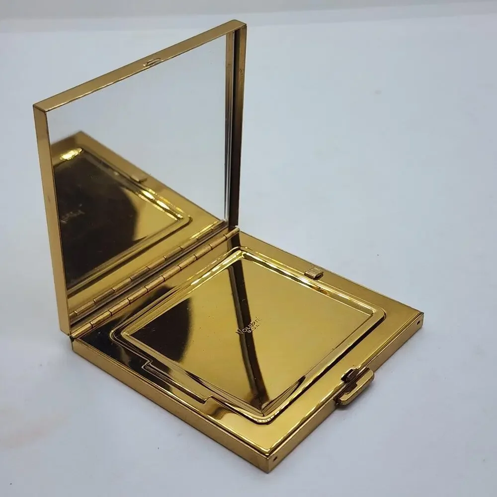 Vintage Volupte Rhinestone Flower Powder Compact Gold Tone Sunburst Mirror